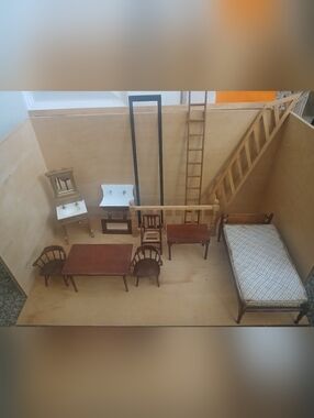 Vintage Wooden Dollhouse Furniture Tables Chairs Bed Sinks Ladder Fence